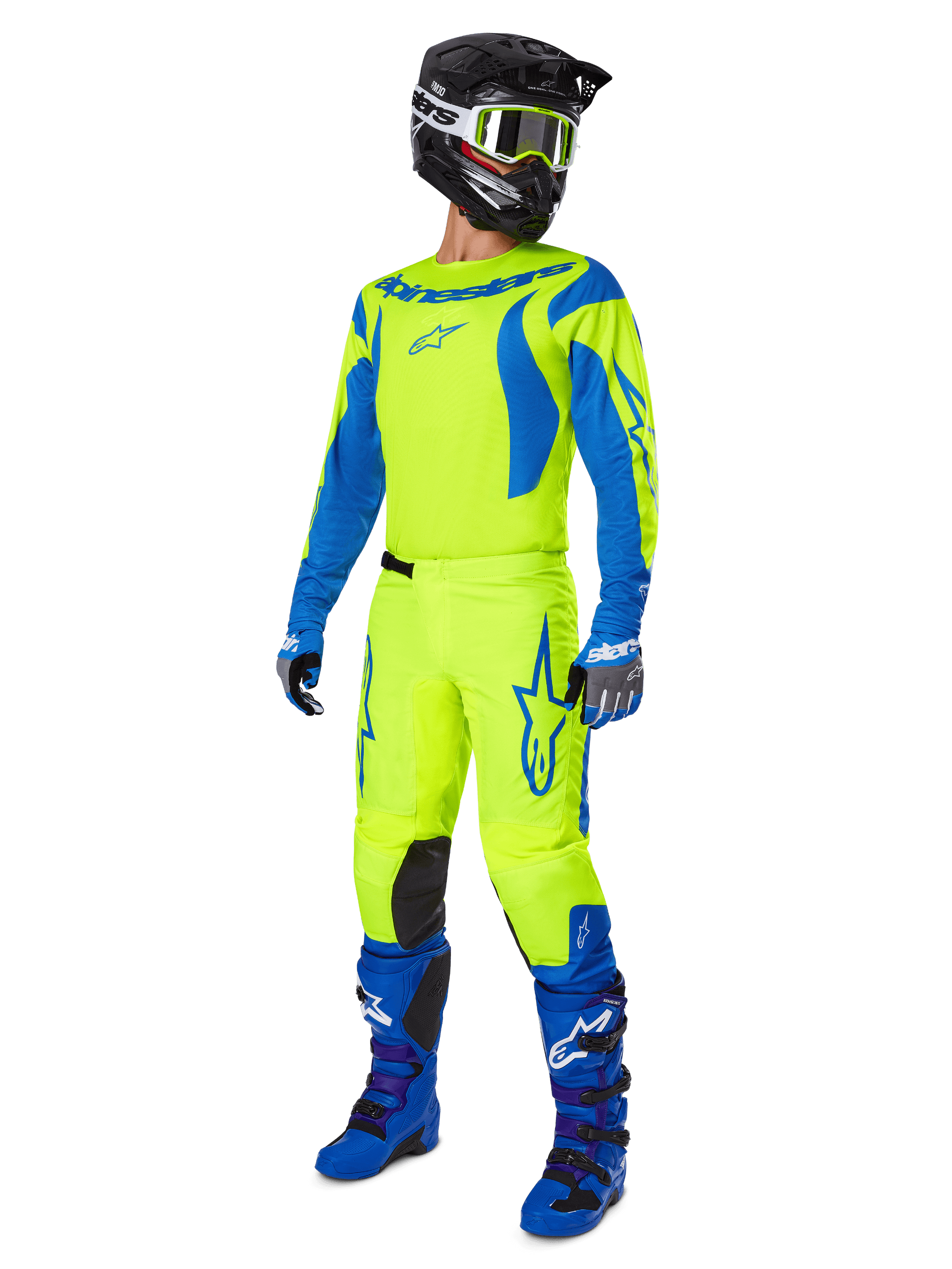 Alpinestars 2025 Fluid Haul Pants, Motocross Pants, Bright Yellow Fluo and Blue, worn as part of a complete racing gear set with matching jersey, blue boots, and a black helmet, high-visibility design for off-road riding.