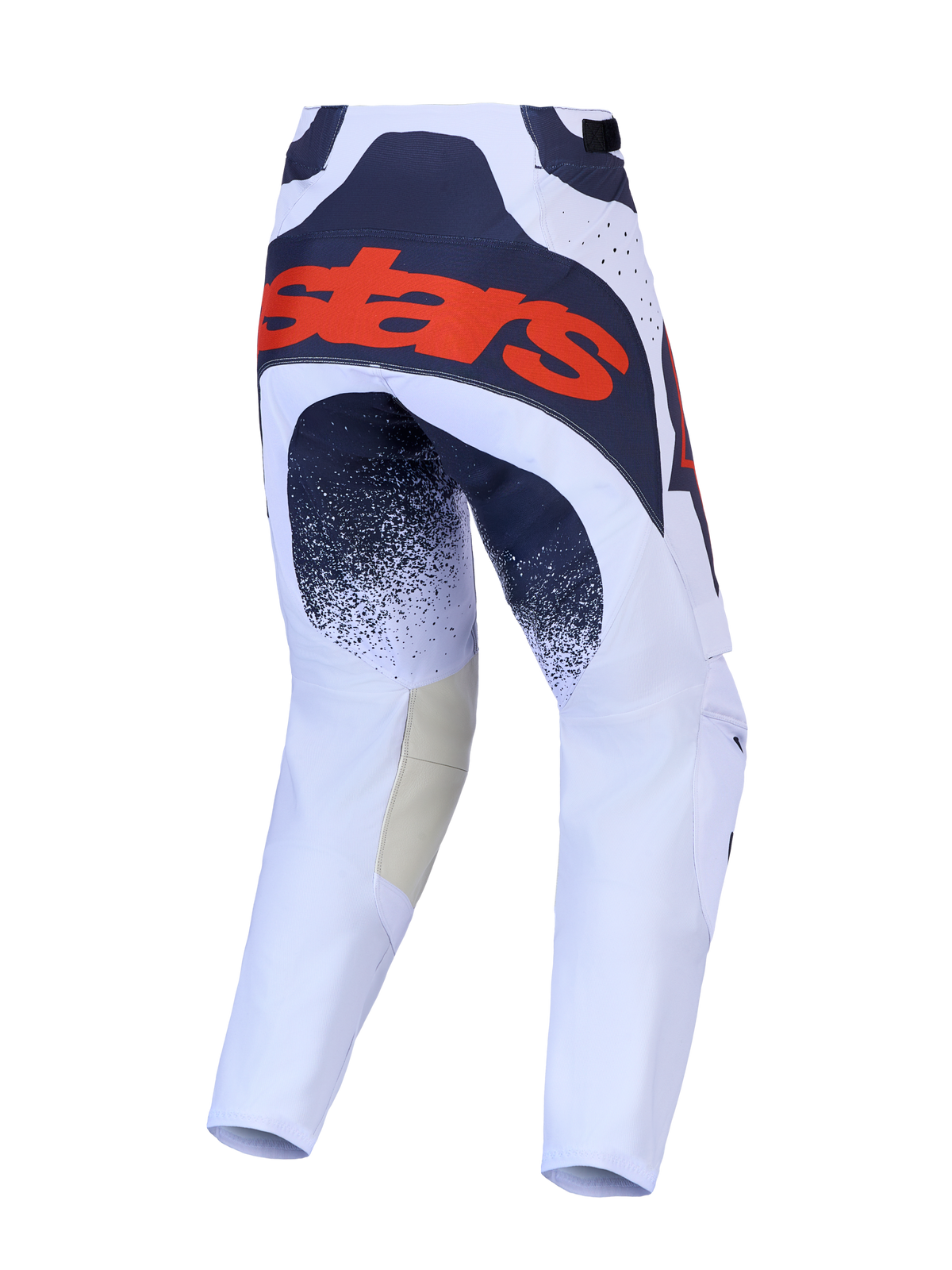 Alpinestars Techstar Swan Motocross Pants in light lilac and dark gray, showing the rear with a bold red fluo logo.