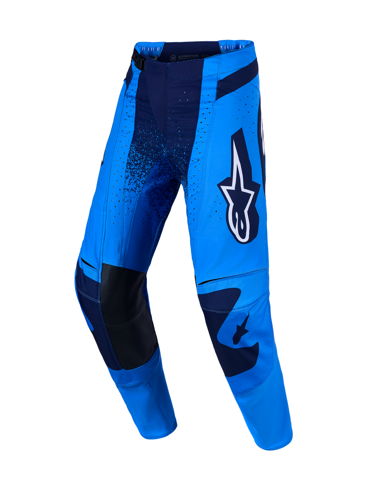 Alpinestars Techstar Swan Pants, professional motocross racing pants in blue and deep blue with reinforced leather knees.