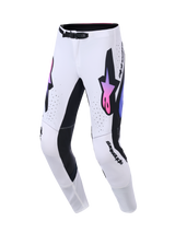 Alpinestars 2026 Supertech AFD Vista Pants, Motocross Pants, White Purple and Black, featuring a large black Astars logo with a pink and purple gradient, black inner leg panels, and an SX1 magnetic waist buckle, designed for off-road racing performance.