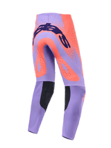 Alpinestars 2026 Supertech Scenz Pants, Motocross Pants, Hot Coral and Purple, rear view featuring dark blue branding across the seat, large coral star accents on the thighs, black inner calf panels, and laser-cut ventilation holes.