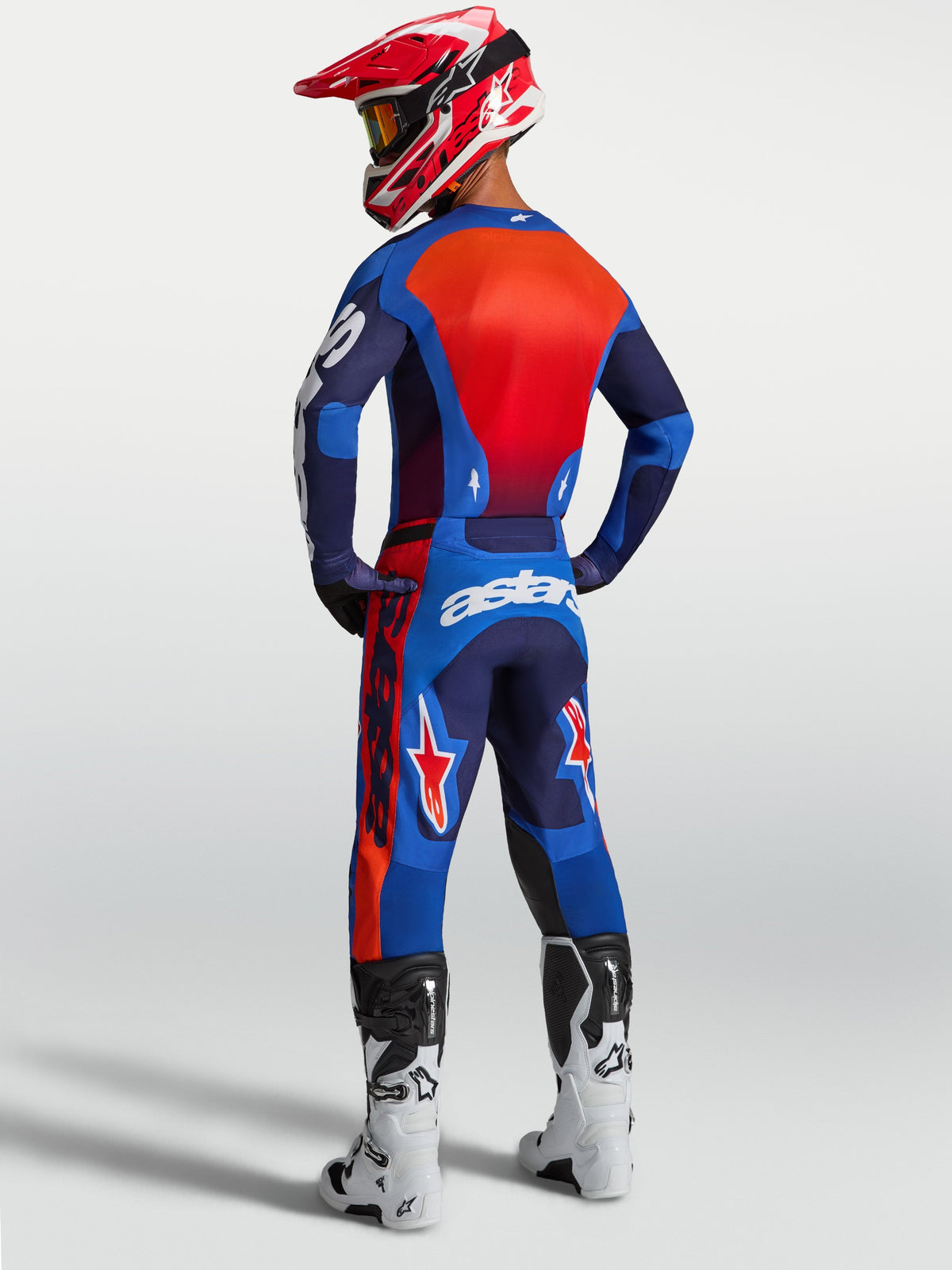 Alpinestars Racer Hunt Pants, Men's Motocross Pants, Strong Blue and Fire Red, rear view showing ergonomic pre-curved fit.