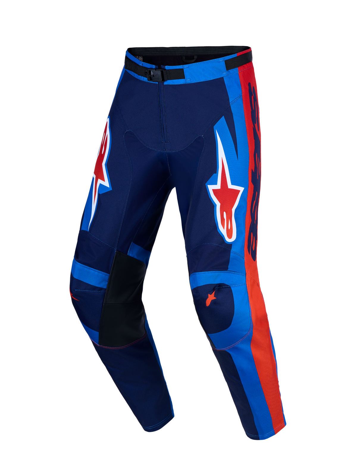 Alpinestars Racer Hunt Pants, Men's Motocross Pants in Strong Blue and Fire Red with 600D polyfabric and pre-curved legs.