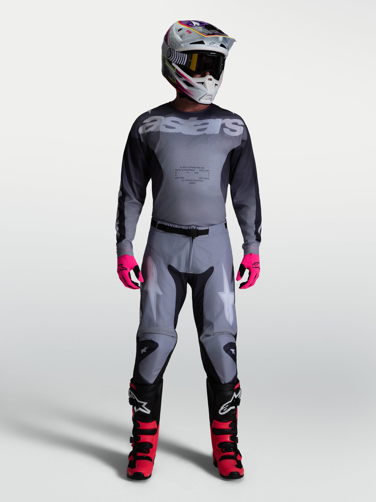 Alpinestars Racer Amber Pants, Men's Motocross Gear, Graystone and Cold Gray with Light Lilac accents, pre-curved racing fit.