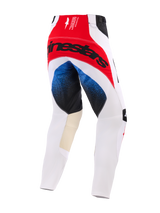 Alpinestars 2026 Techstar Knif Pants, Motocross Pants, White Red and Blue, rear view featuring a large black Alpinestars logo on a red seat panel, blue gradient accents on the thighs, tan leather inner knee panels, athletic racing fit.
