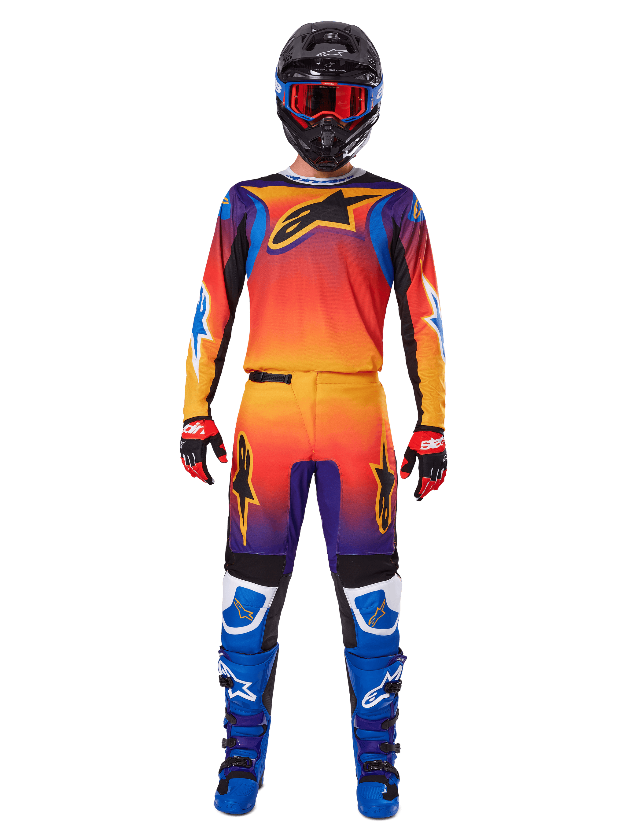 Alpinestars 2025 Fluid Wurx Pants, Motocross Pants, Multicolor orange yellow and purple gradient, worn with matching jersey, black helmet with blue goggles, red and black gloves, and blue boots, coordinated motocross racing gear
