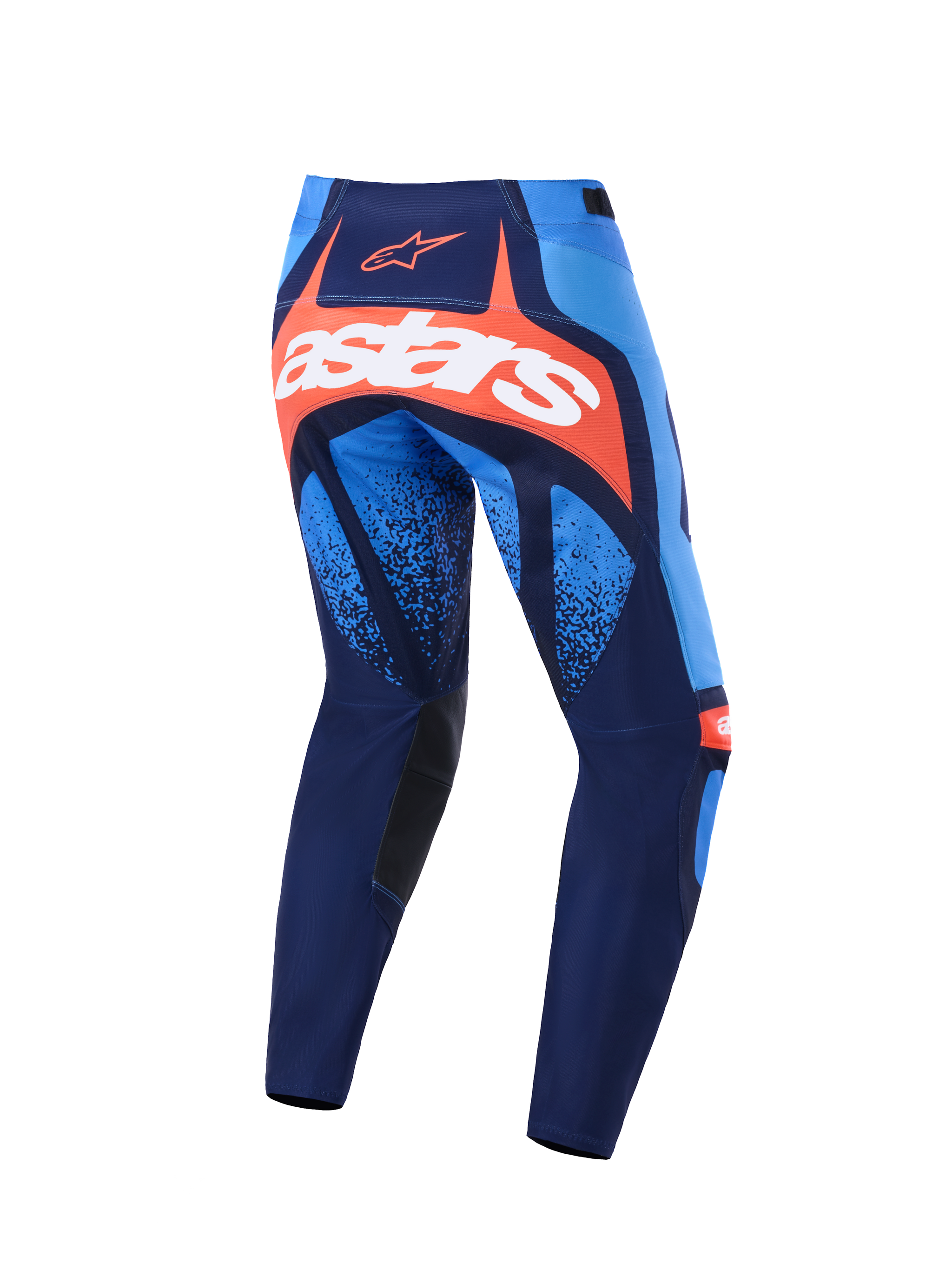 Alpinestars 2026 Techstar Nomur Pants, Motocross Pants, Dark Navy, Orange, and UCLA Blue, back view featuring a bold white astars logo on an orange panel, multi-panel design with light blue accents, black inner knee panels, durable gear for off-road racing.