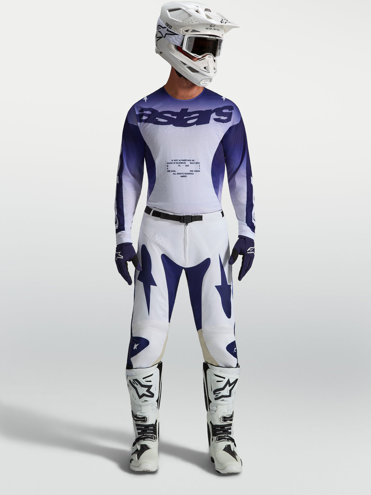 Alpinestars Racer Air Amber Pants, blue and white motocross gear set featuring perforated racing jersey and matching pants.