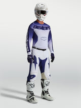Alpinestars Racer Air Amber Pants, blue and white motocross pants on-model with matching jersey, boots, and helmet.