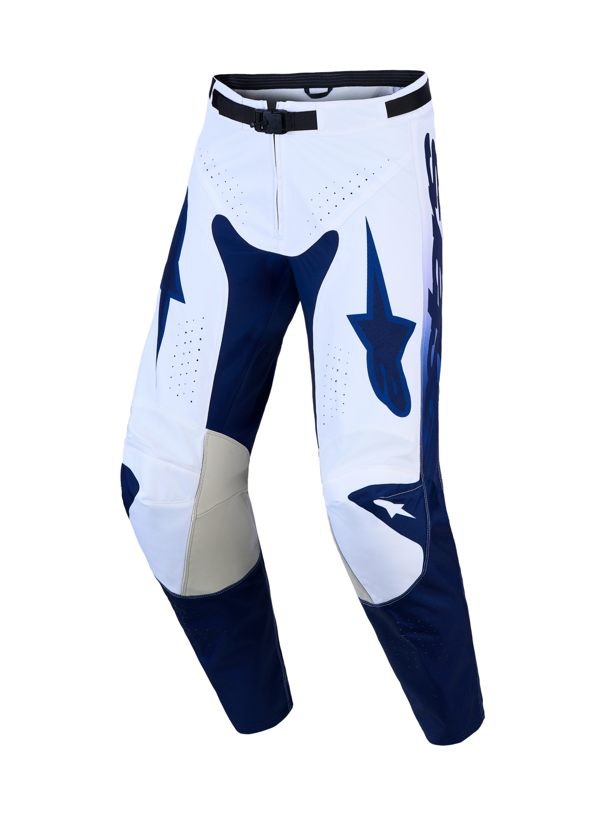 Alpinestars Racer Air Amber Men's Motocross Pants, Navy Blue and White, featuring perforated ventilation and leather knees.