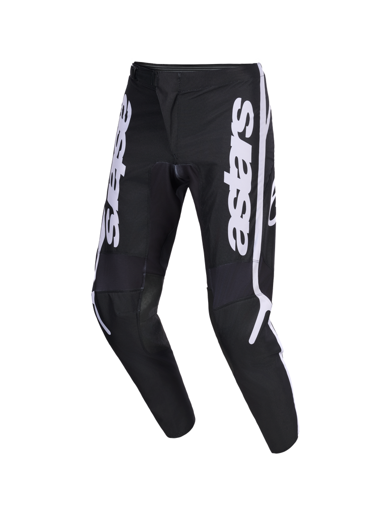 Alpinestars 2026 Fluid Apex Pants, Motocross Pants, Black and Gray, featuring white vertical astars logo on the legs, ergonomic pre-curved sport-fit design, durable 600D polyfabric construction for off-road riding