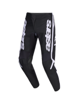 Alpinestars 2026 Fluid Apex Pants, Motocross Pants, Black and Gray, featuring white vertical astars logo on the legs, ergonomic pre-curved sport-fit design, durable 600D polyfabric construction for off-road riding