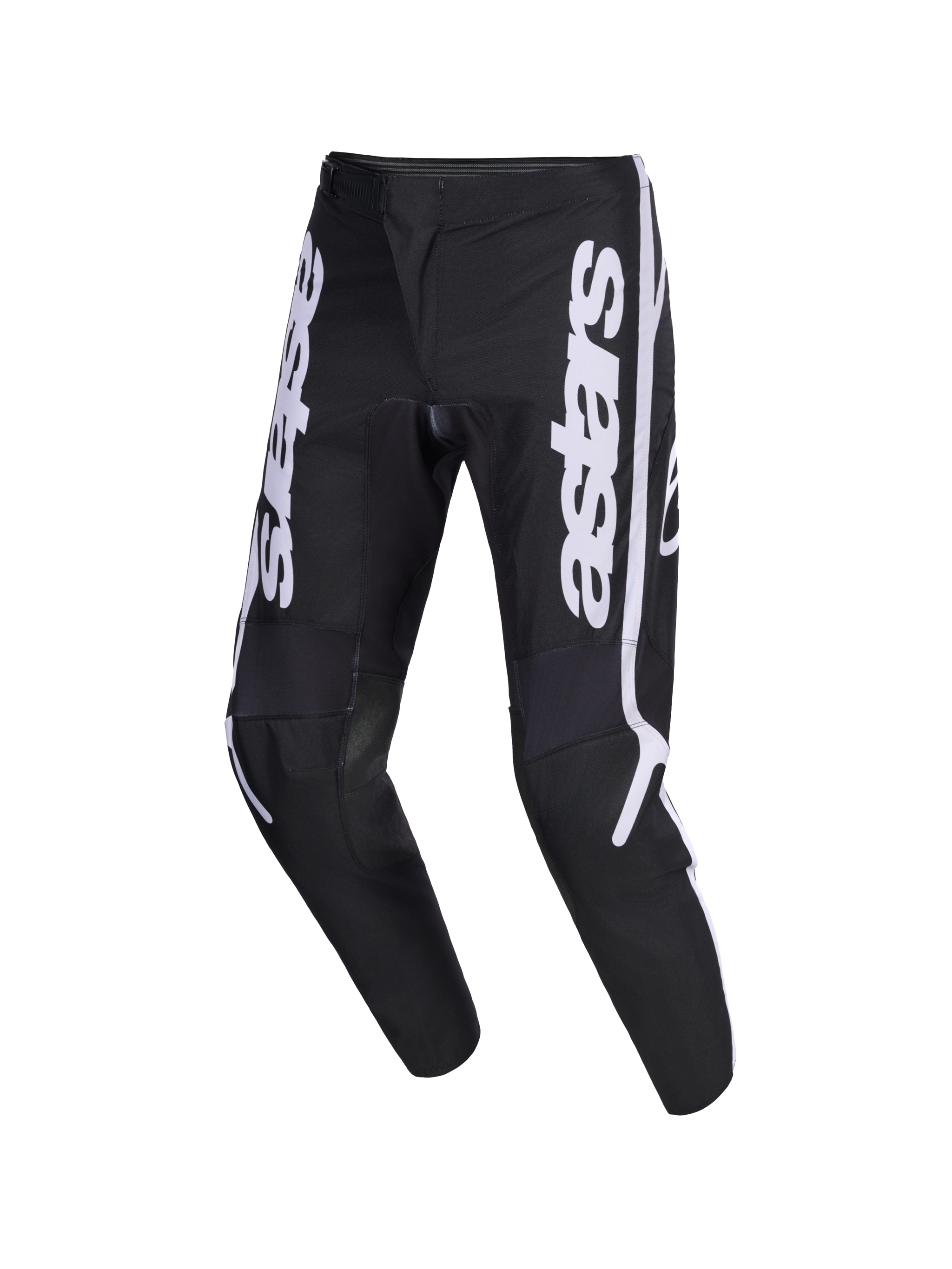 Alpinestars 2026 Fluid Apex Pants, Motocross Pants, Black and Gray, featuring white vertical astars logo on the legs, ergonomic pre-curved sport-fit design, durable 600D polyfabric construction for off-road riding