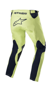 Alpinestars 2023 Racer Hoen Pants, Motocross Pants, Fluorite Green and Night Navy, rear view featuring neon green chassis with navy blue leg panels, large black star logo on the seat area, ergonomic pre-curved design for off-road racing