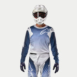 Alpinestars 2024 Racer Hoen Jersey, Men's Motocross Jersey, White and Dark Navy Blue, off-road riding gear, worn by rider.