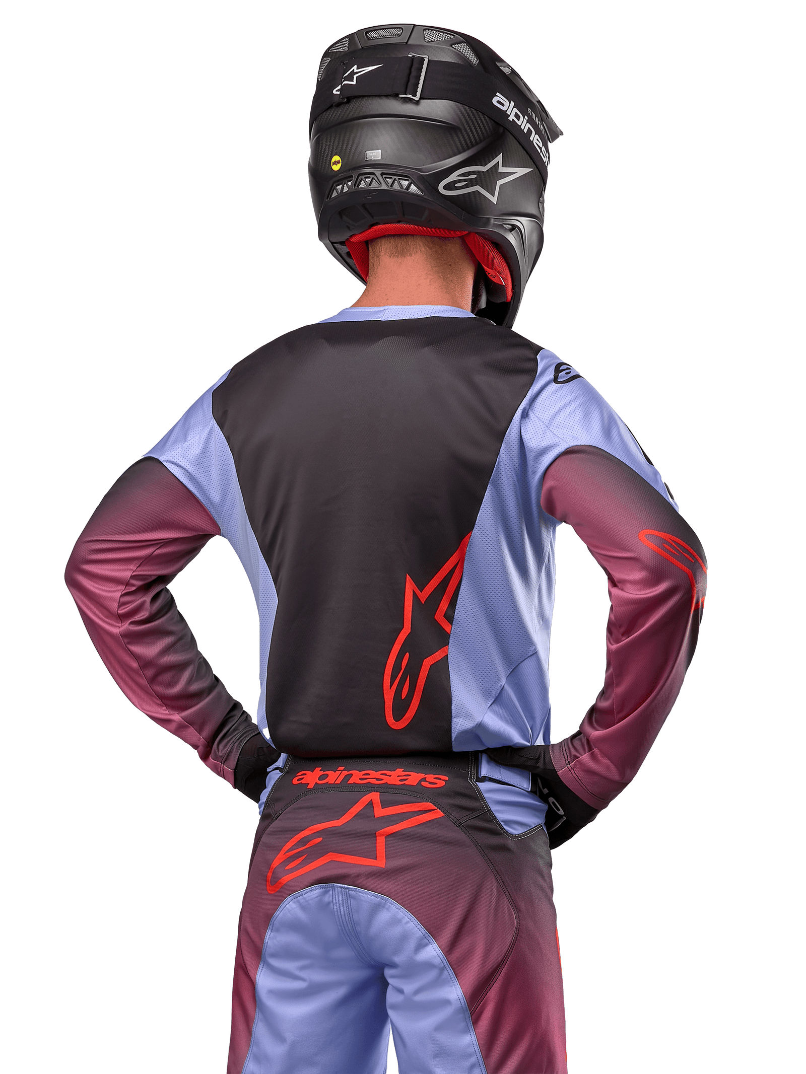 Alpinestars 2024 Racer Hoen Jersey, men's motocross top in Lavan Purple and Black, back view of moisture-wicking gear.