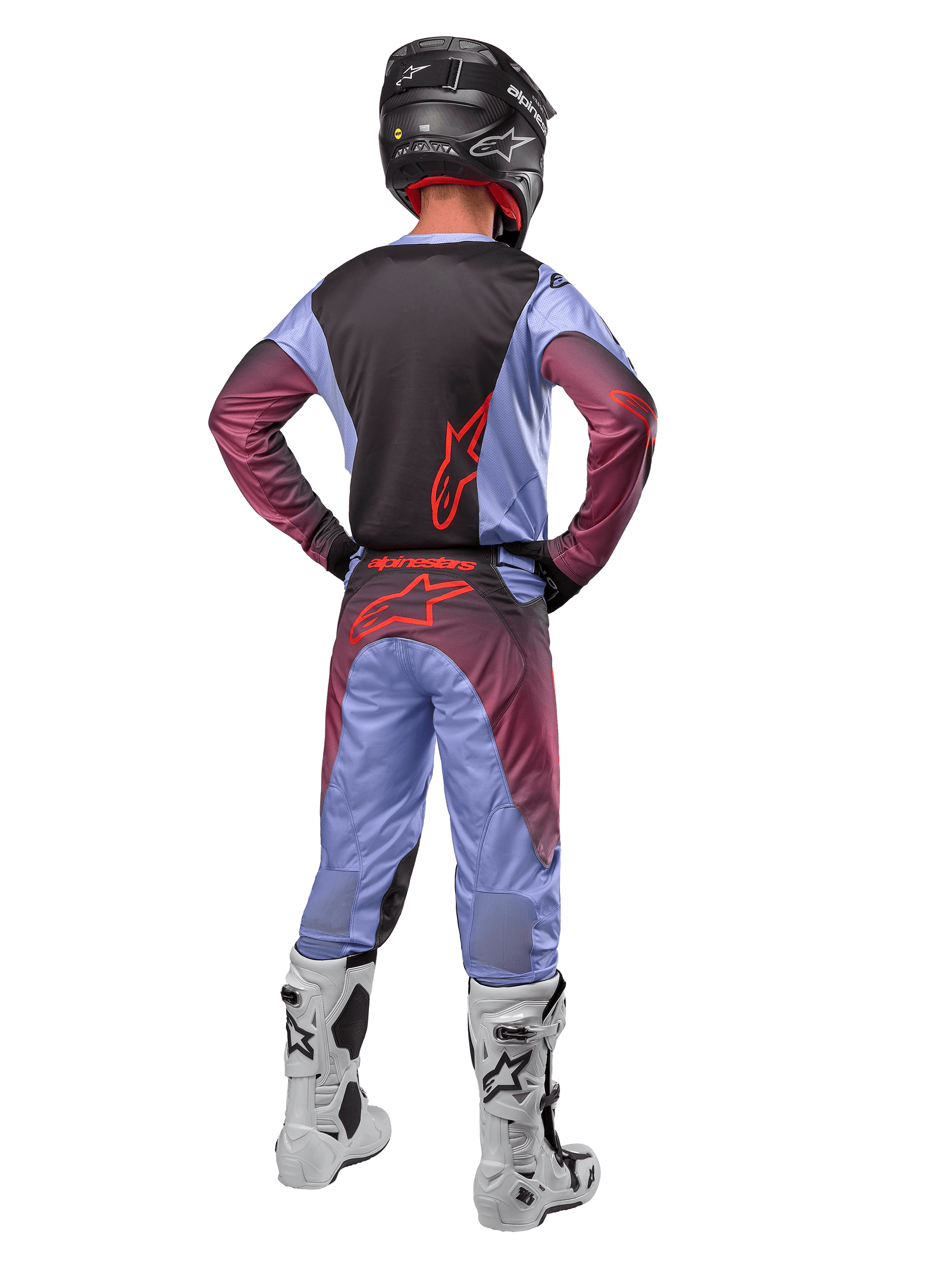 Alpinestars 2024 Racer Hoen Jersey for men, Lavan Purple and Black motocross gear back view with red logos and white boots.