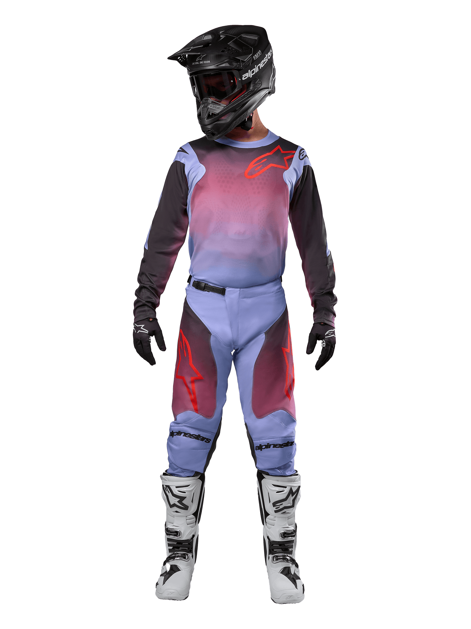 Alpinestars 2024 Racer Hoen Jersey and Pants, Men's Motocross Gear, Lavan Purple and Black, complete off-road racing outfit.