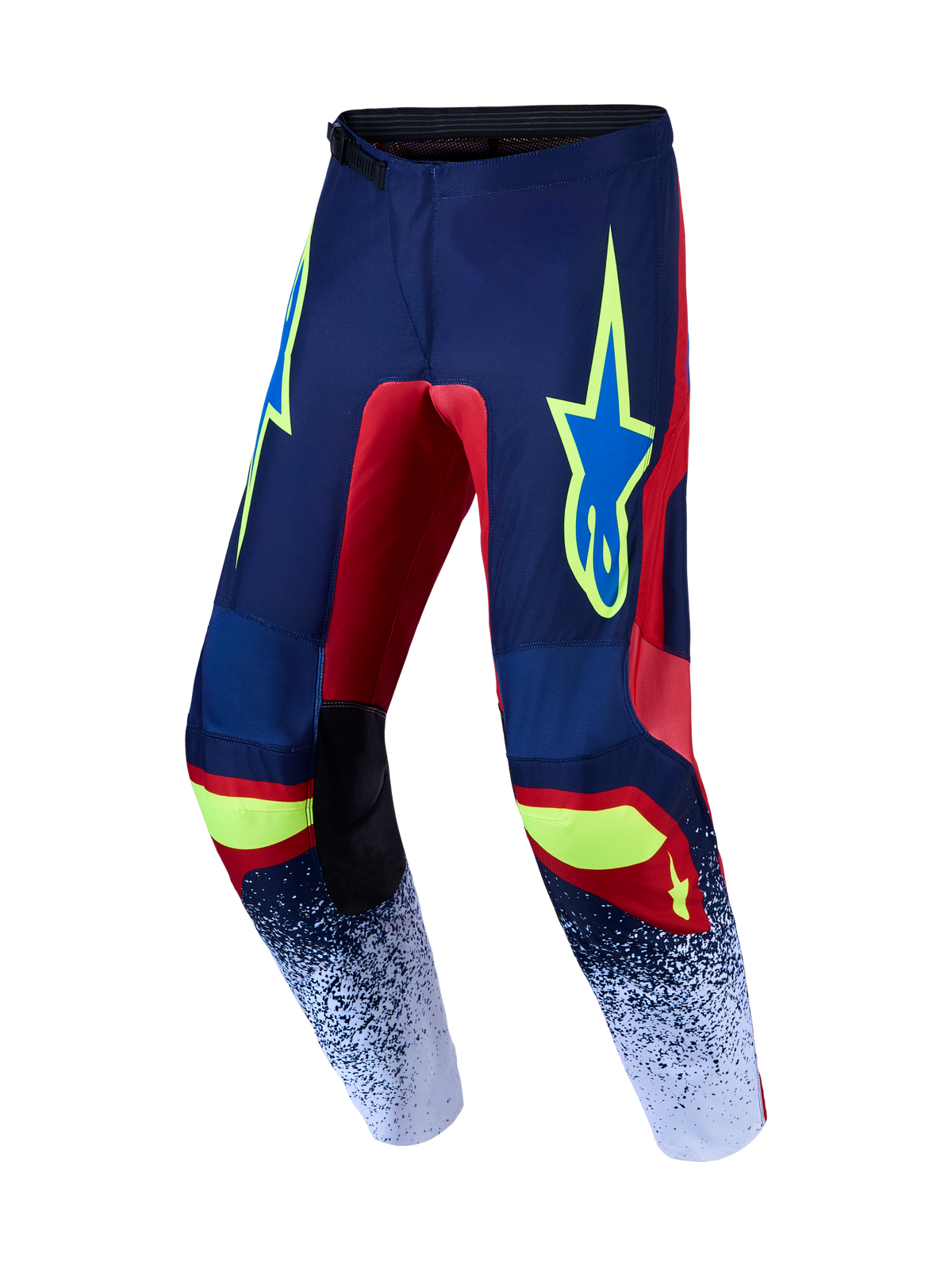 Alpinestars 2027 Fluid Drag Pants, men's navy blue and fire red motocross pants with white graphics and durable polyfabric.