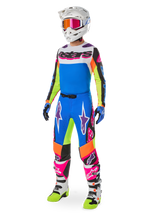 Alpinestars Limited Edition Supertech Hay Jersey and Pants, Motocross Racing Gear, Men's, Blue and White with Neon Accents.