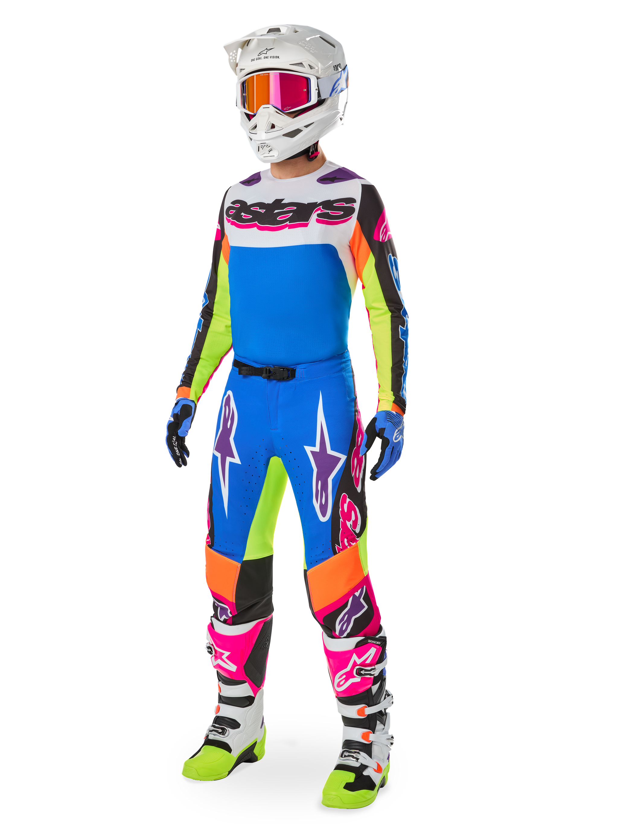 Alpinestars Limited Edition Supertech Hay Jersey and Pants, Motocross Racing Gear, Men's, Blue and White with Neon Accents.