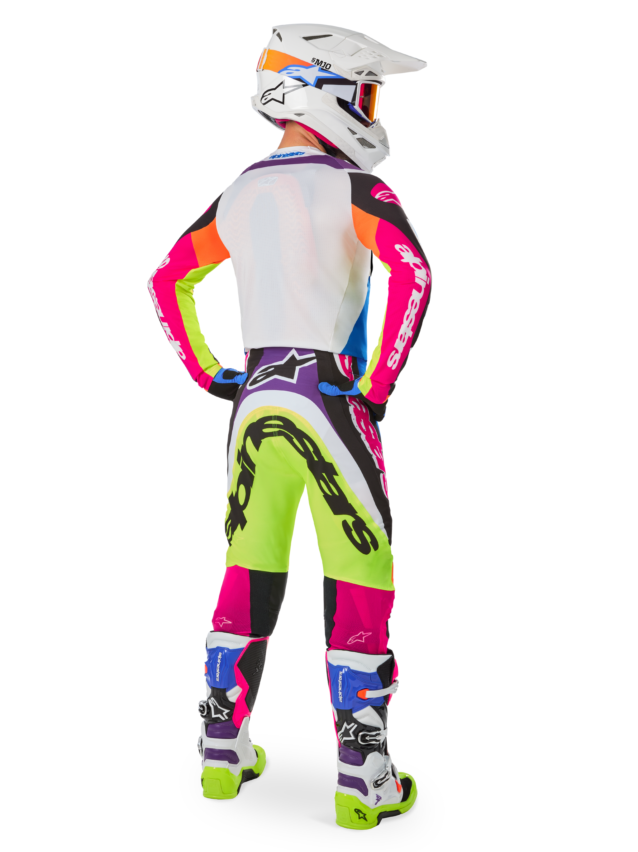 Alpinestars Limited Edition Supertech Hay Pants, Men's Motocross Gear, White with neon yellow and pink graphics.