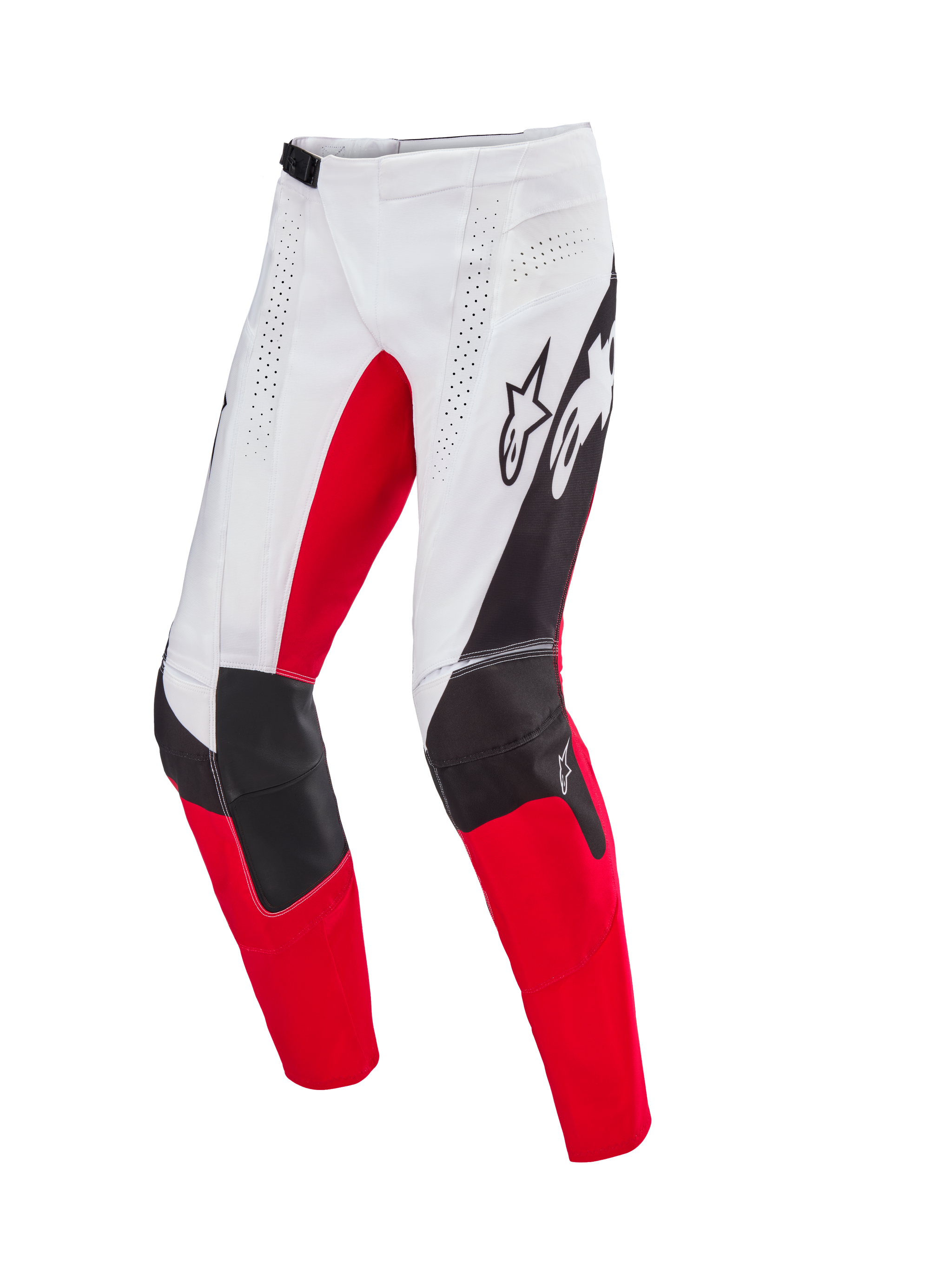 Alpinestars Limited Edition Techstar Deep Pants, Motocross Pants, White Black and High Red, featuring laser-perforated ventilation, 3D Babel knee construction with reinforced panels, and bold Alpinestars branding on the thighs, designed for professional off-road performance.