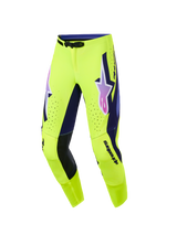Alpinestars 2026 Supertech Vista Pants, Motocross Pants, Bright Yellow with Purple and Black accents, featuring a pink and purple gradient Alpinestars logo on the thighs, laser-cut perforations for ventilation, and an athletic race-fit design for off-road performance.