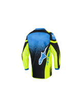Alpinestars 2026 Kids Racer Nomur Jersey, Motocross Jersey, Yellow Blue and Black, back view showing a large blue and white star logo, gradient speckled pattern, and extended rear hem for off-road racing