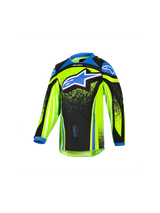 Alpinestars 2026 Kids Racer Nomur Jersey, Youth Motocross Long-Sleeve Jersey, Fluorescent Yellow and Black with Blue Accents, Large Blue Star Logo on Chest, Lightweight Moisture-Wicking Performance Fabric for Off-Road Riding