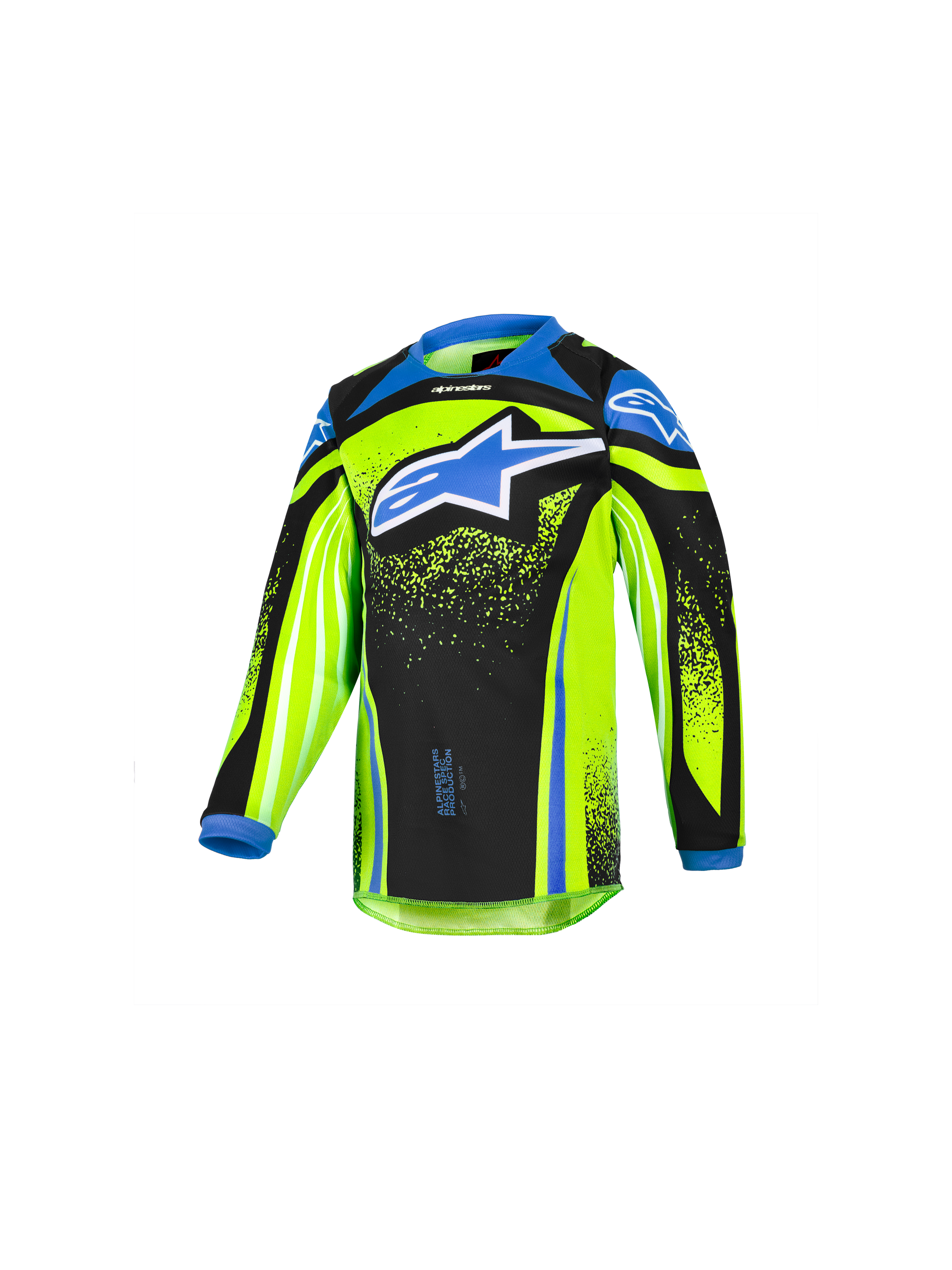 Alpinestars 2026 Kids Racer Nomur Jersey, Youth Motocross Long-Sleeve Jersey, Fluorescent Yellow and Black with Blue Accents, Large Blue Star Logo on Chest, Lightweight Moisture-Wicking Performance Fabric for Off-Road Riding