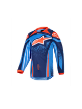 Alpinestars 2026 Kids Racer Nomur Jersey, Youth Motocross Long-Sleeve Jersey, Dark Navy, Orange, and UCLA Blue, featuring a large white and orange star logo, vibrant geometric and speckled graphics, orange collar and cuffs, performance fabric for youth motocross racing