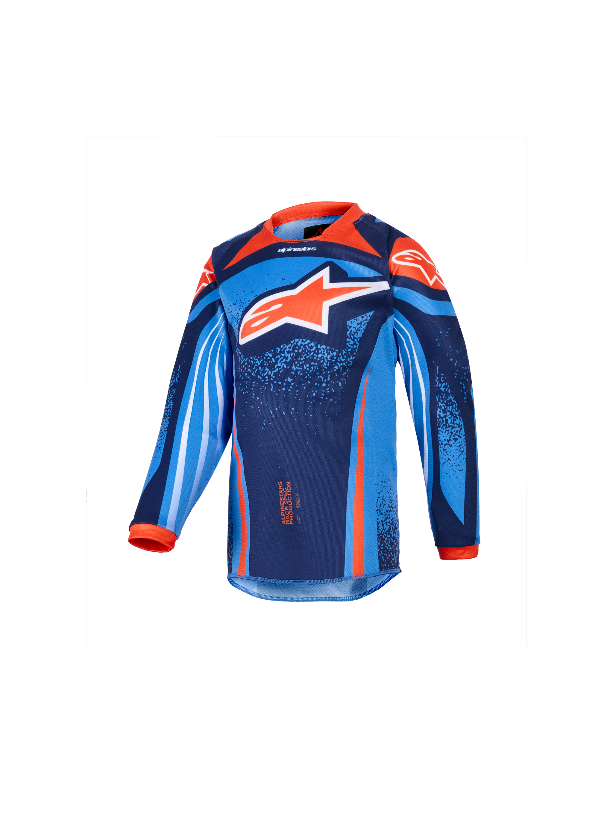 Alpinestars 2026 Kids Racer Nomur Jersey, Youth Motocross Long-Sleeve Jersey, Dark Navy, Orange, and UCLA Blue, featuring a large white and orange star logo, vibrant geometric and speckled graphics, orange collar and cuffs, performance fabric for youth motocross racing
