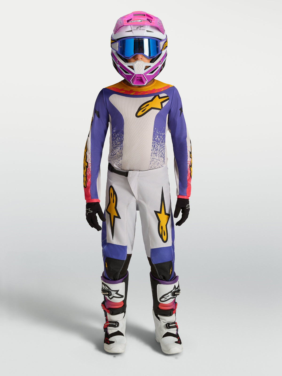 Alpinestars Youth Fluid Drag Pants, purple and white motocross gear set for youth off-road riding with gold accents.