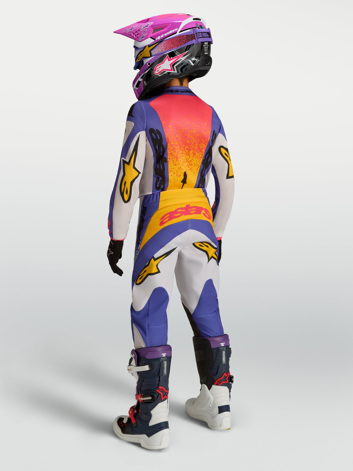 Alpinestars Youth Fluid Drag Pants, Blue and Gold Youth Motocross Pants, rear view with durable polyfabric and ergonomic fit.