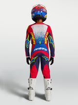Alpinestars Youth Fluid Drag Pants, Motocross Gear Set, Blue and Red, full kit rear view with matching jersey and boots.