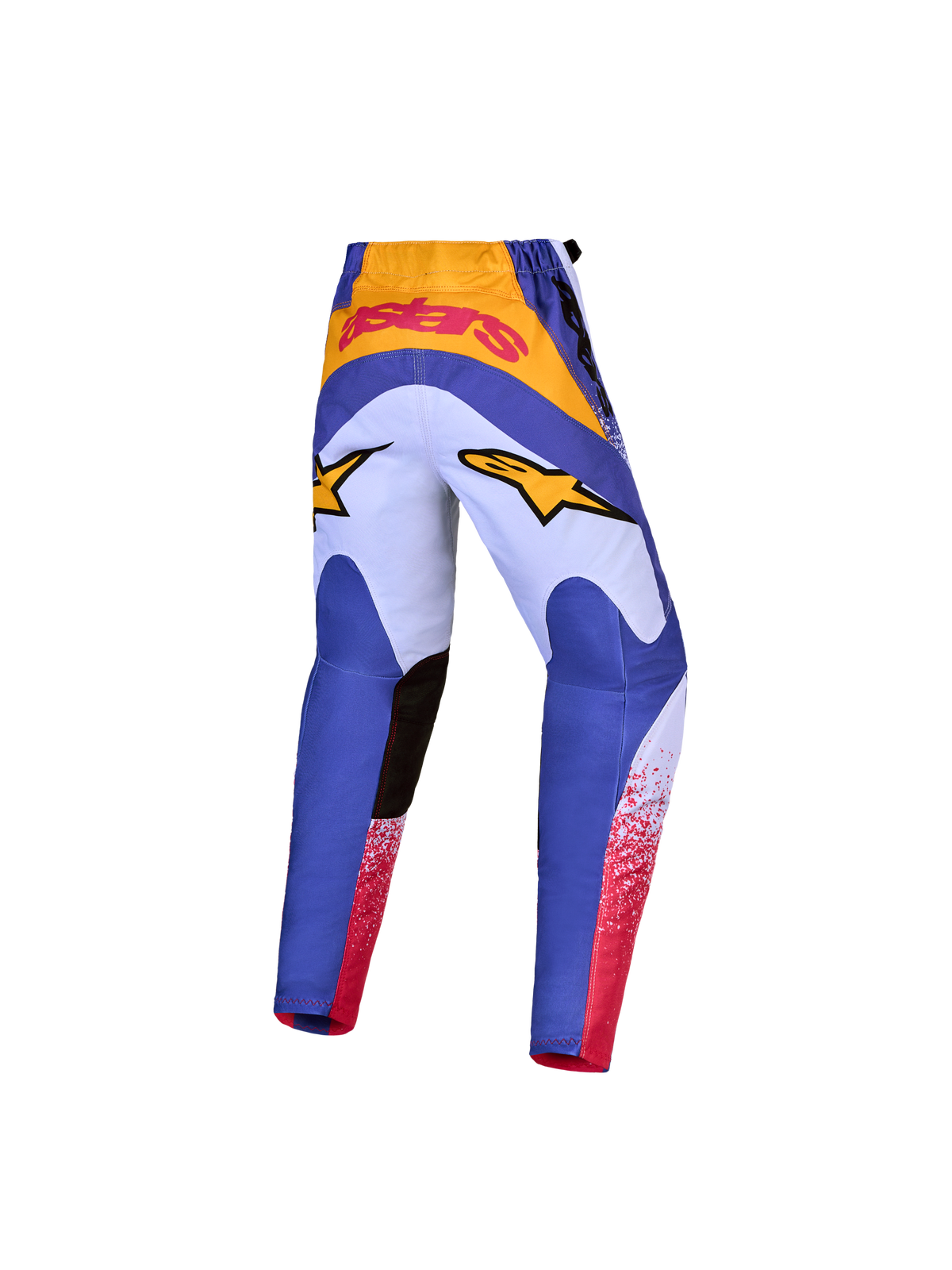 Alpinestars 2027 Youth Fluid Drag Pants, blue and gold motocross pants with pre-curved ergonomic fit for young riders.