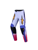 Alpinestars 2027 Youth Fluid Drag Pants, blue and lilac youth MX gear with gold star graphics and synthetic leather knees.