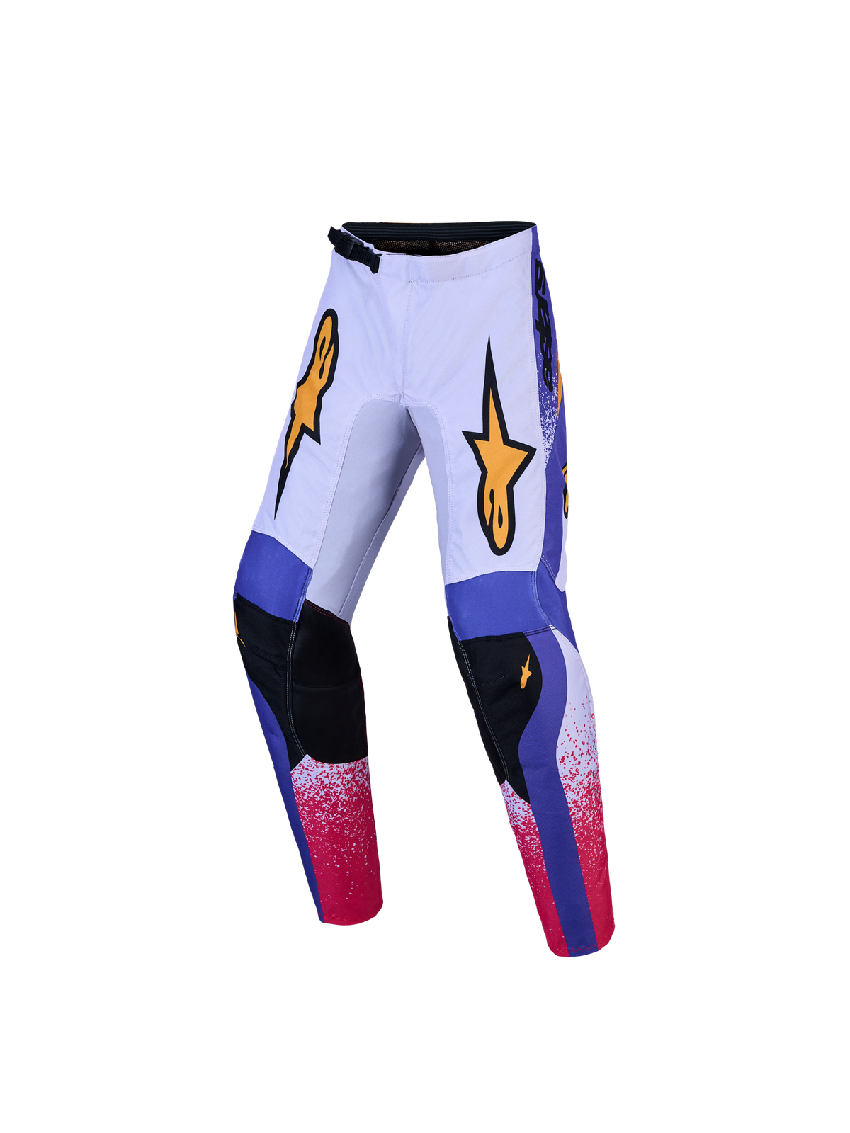 Alpinestars 2027 Youth Fluid Drag Pants, blue and lilac youth MX gear with gold star graphics and synthetic leather knees.