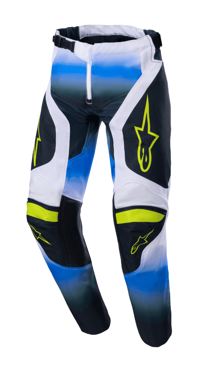Alpinestars Youth Racer Push Pants, Motocross Pants, Blue White Black Neon Yellow, Youth Offroad Racing Gear with Star Logos, Synthetic Fabric with Buckle Waistband