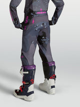 Alpinestars Youth Fluid Lone Pants, gray camo and purple youth motocross pants with ergonomic 3D fit, rear view on model.