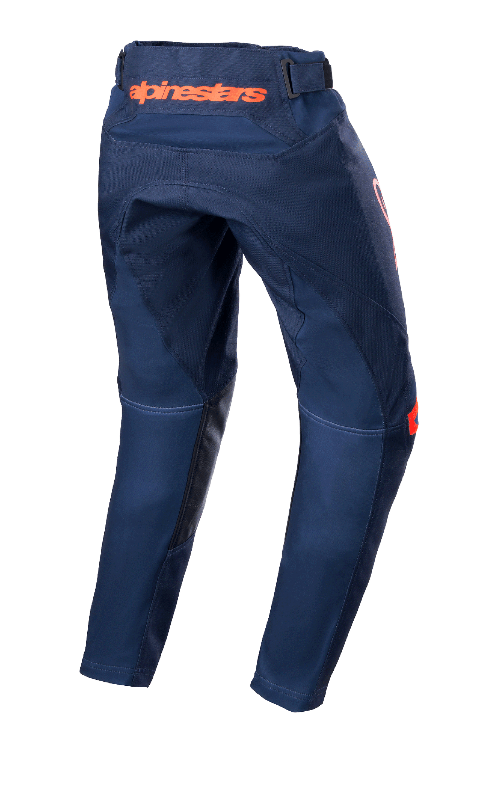 Alpinestars Youth 2023 Racer Narin Pants, Motocross Pants, Night Navy and Hot Orange, rear view showing orange Alpinestars branding on the waist and black leather inner leg reinforcements, durable textile design for off-road riding