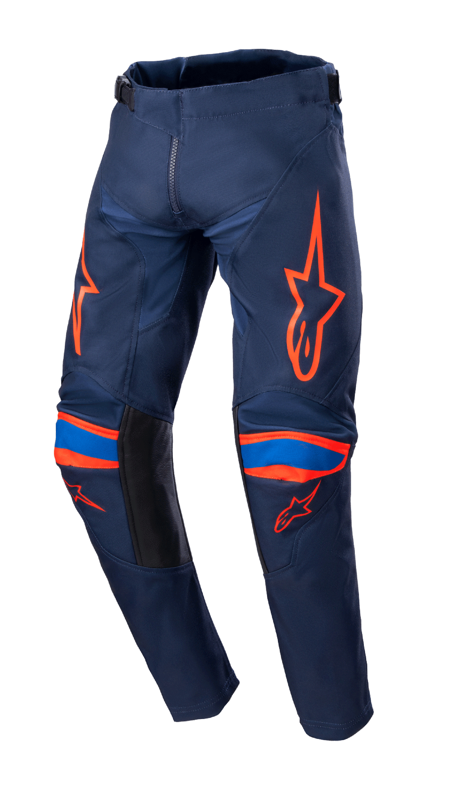 Alpinestars 2023 Youth Racer Narin Pants, Motocross Pants, Night Navy and Hot Orange, featuring bright orange logo graphics on thighs and knees, blue accents, black inner leg panels, durable textile construction for off-road racing