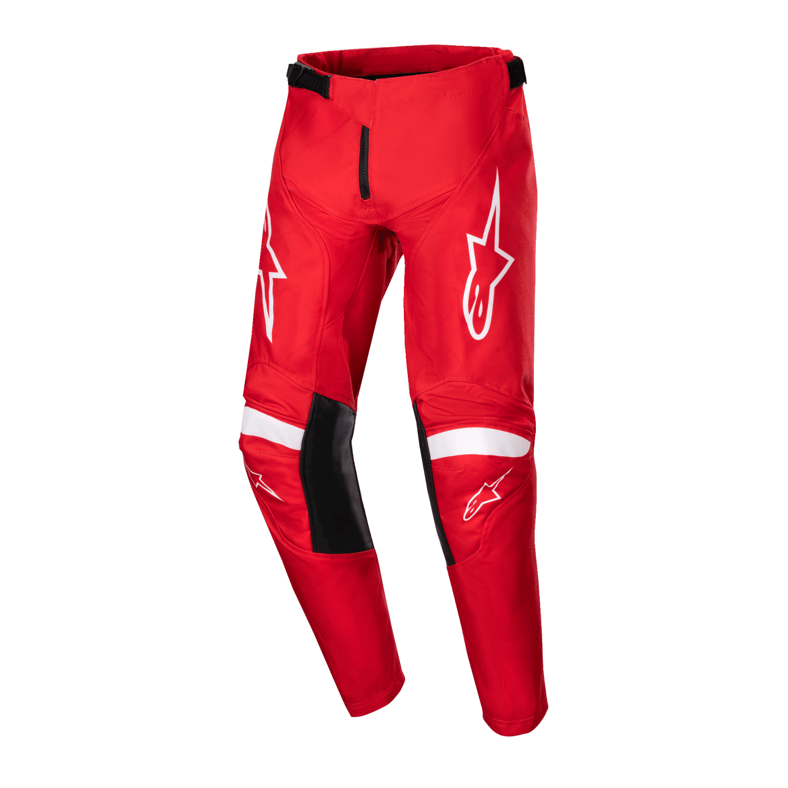 Alpinestars Youth 2024 Racer Lurv Pants, Red and White Motocross Pants with pre-curved legs and leather knee panels.