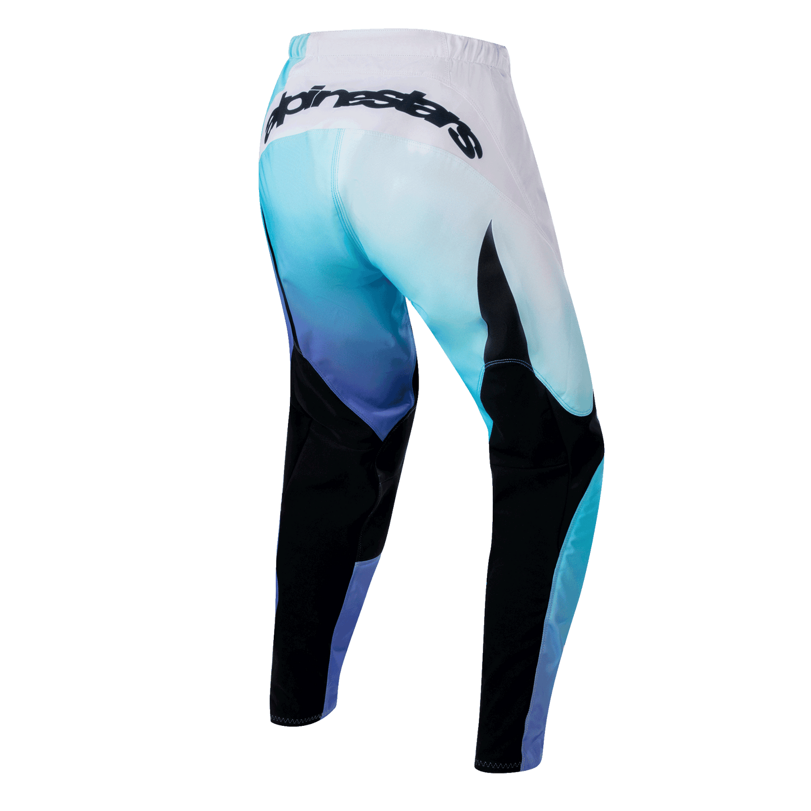 Alpinestars Women's Stella 2024 Fluid Pants, motocross gear in white and turquoise, rear view with ergonomic pre-curved legs.