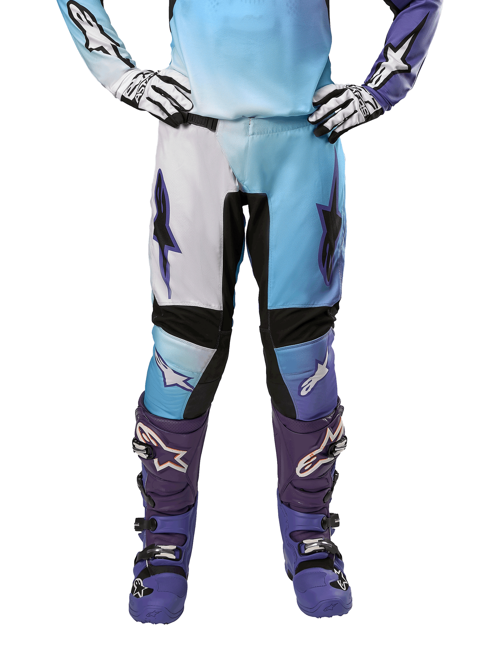 Alpinestars Women's Stella 2024 Fluid Pants, White and Turquoise motocross gear with purple accents for off-road performance.
