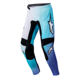 Alpinestars Women's Stella 2024 Fluid Motocross Pants, White and Turquoise Off-road gear with pre-curved leg design.