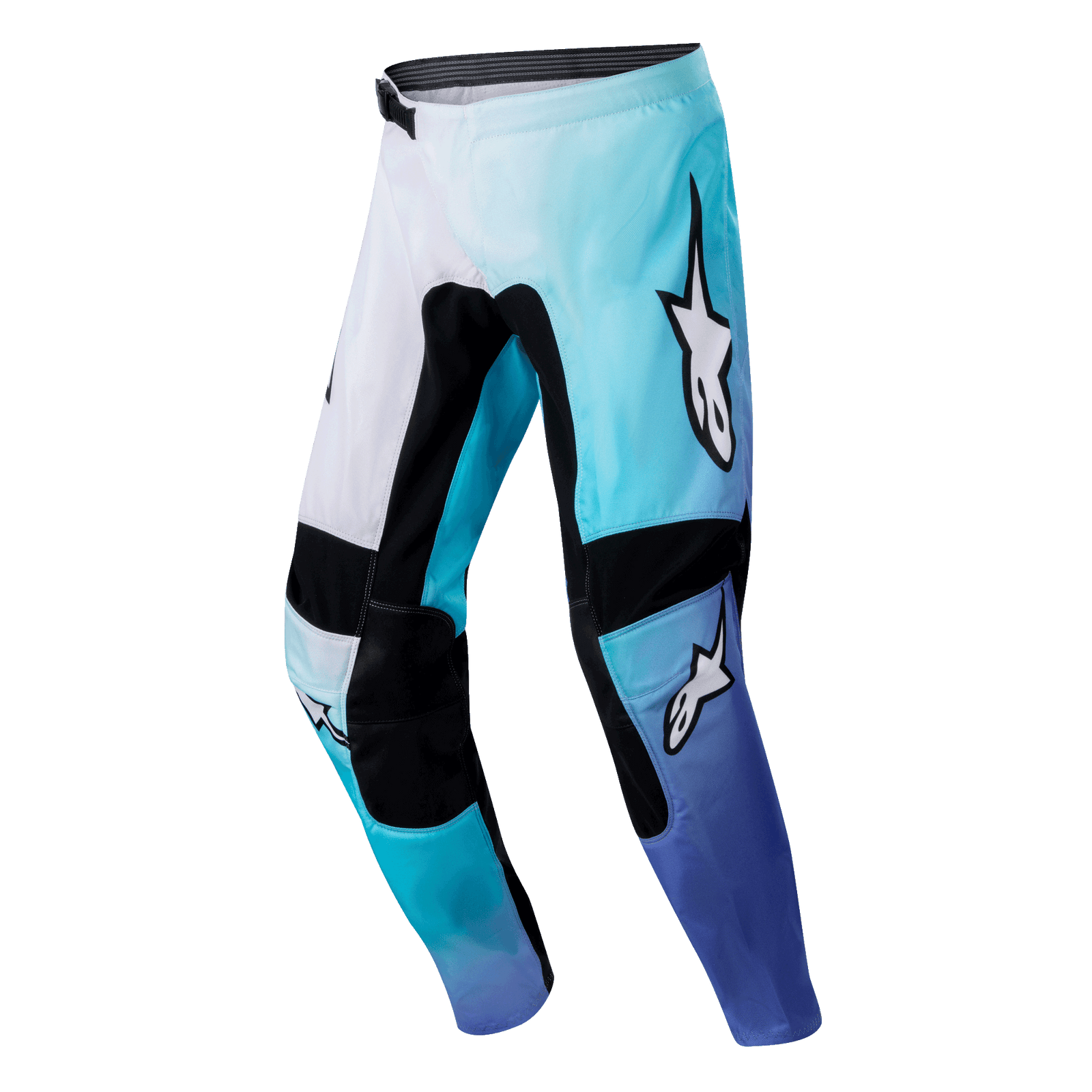 Alpinestars Women's Stella 2024 Fluid Motocross Pants, White and Turquoise Off-road gear with pre-curved leg design.