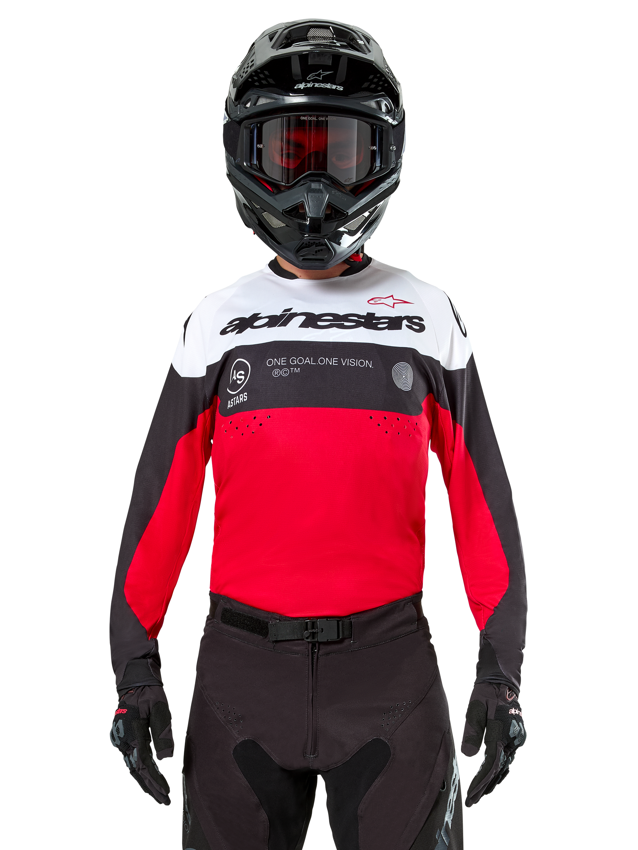 Alpinestars Pro-Dura Jersey, Motocross Jersey, Black Bright Red and White, worn with black helmet and goggles, sporty design with bold Alpinestars branding and laser perforations, performance enduro and off-road racing gear