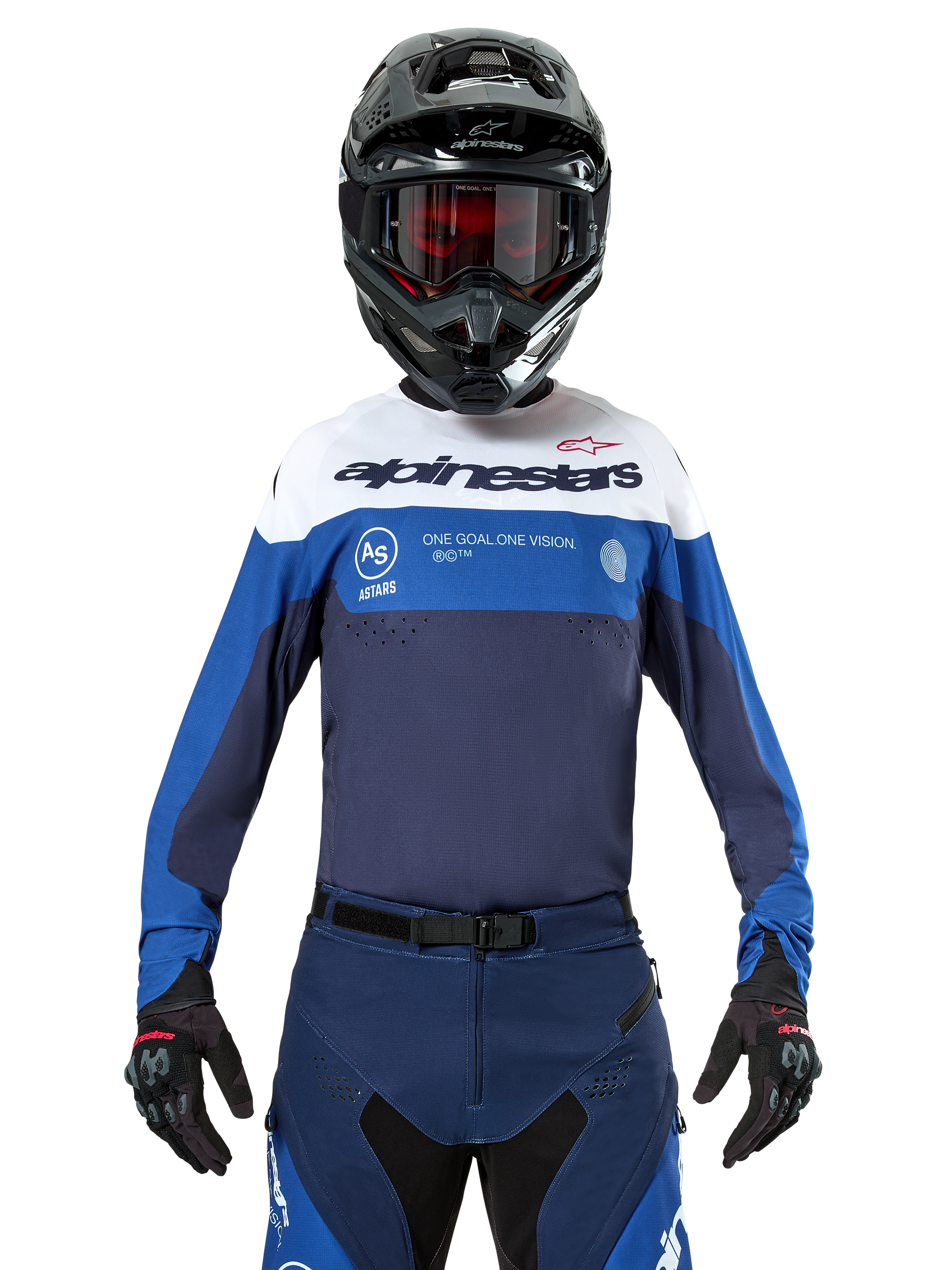 Alpinestars Pro-Dura Jersey, Motocross and Enduro Jersey, Navy, Bright Blue, and White, worn with matching navy pants, black gloves and helmet, featuring chest branding and laser-cut ventilation for off-road motorcycle racing